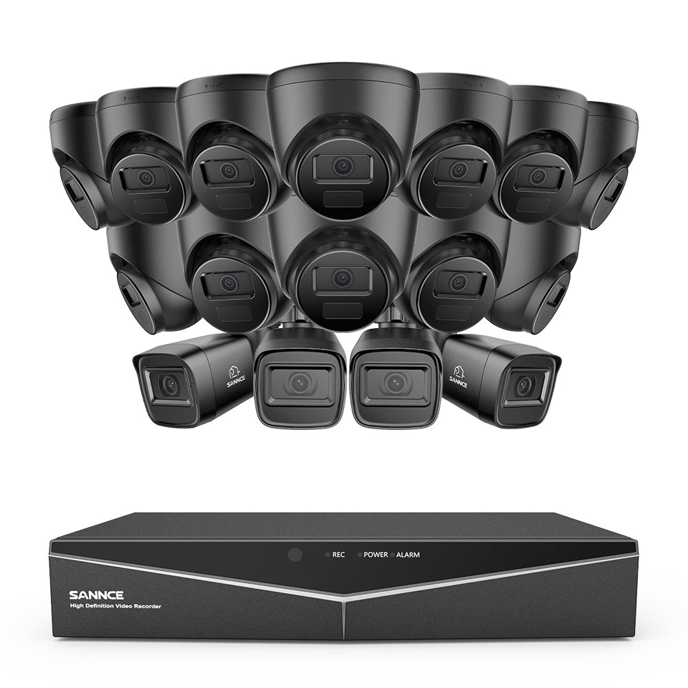 1080p 16CH Analog Überwachungskamera & DVR Set, 16 Stück Schwarz Außen Kamera, Intelligente Bewegungserkennung, 100ft Infrarot Nachtsicht, IP67 Wasserdicht