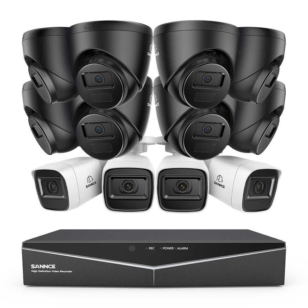 1080p 16CH Analog Überwachungskamera & DVR Set, 12 Stück Schwarz Außen Kamera, Intelligente Bewegungserkennung, 100ft Infrarot Nachtsicht, IP67 Wasserdicht