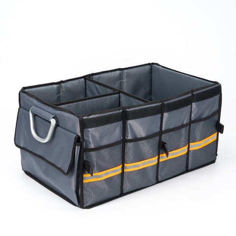 Car Trunk Organizer with Lid, Premium Collapsible Vehicle Cargo Storage Bin with 10 Side Pockets, 1680D Reinforced Waterproof Oxford Fabric Container Box for SUV, Truck, Automotive, 63L