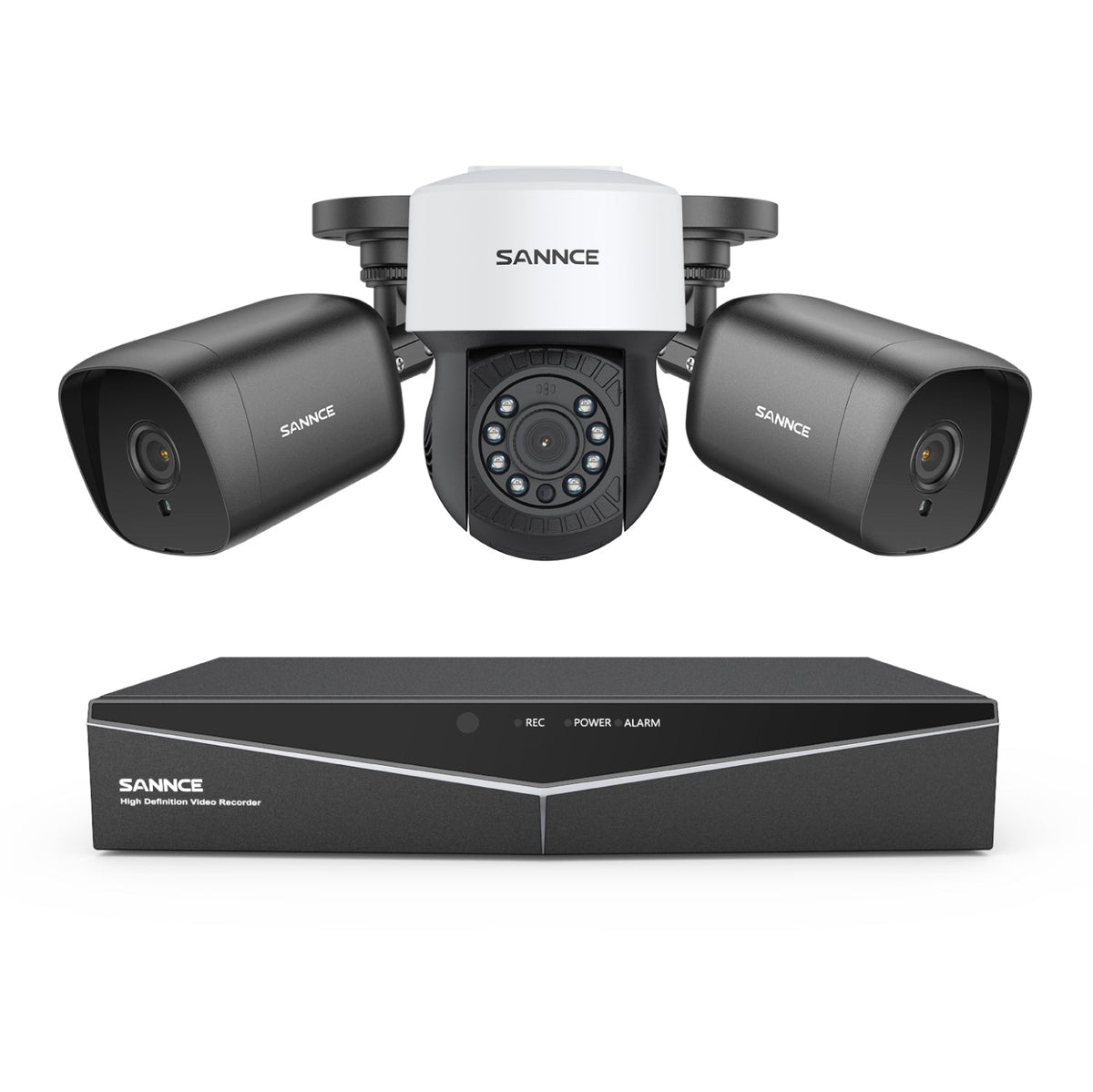 1080p 8CH PT Überwachungskamera System, 2 Stück 2MP Bullet Kamera Schwarz & PT Kamera & Hybrid 5-in-1 DVR, 100ft Nachtsicht, Bewegungserkennung, IP66 Wasserdicht